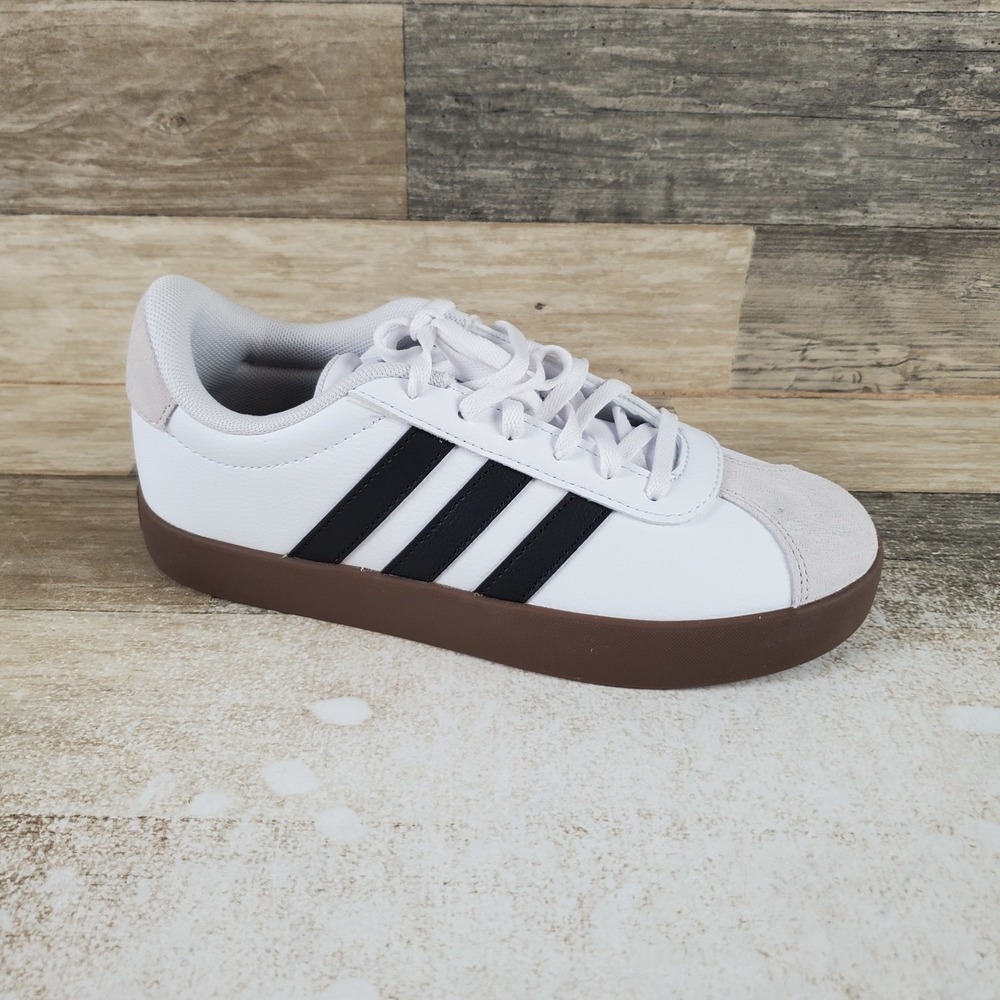 Adidas Vl Court 3.0 Kids Shoes Sz 5 White Brown Leather Hook & Loop Sneakers